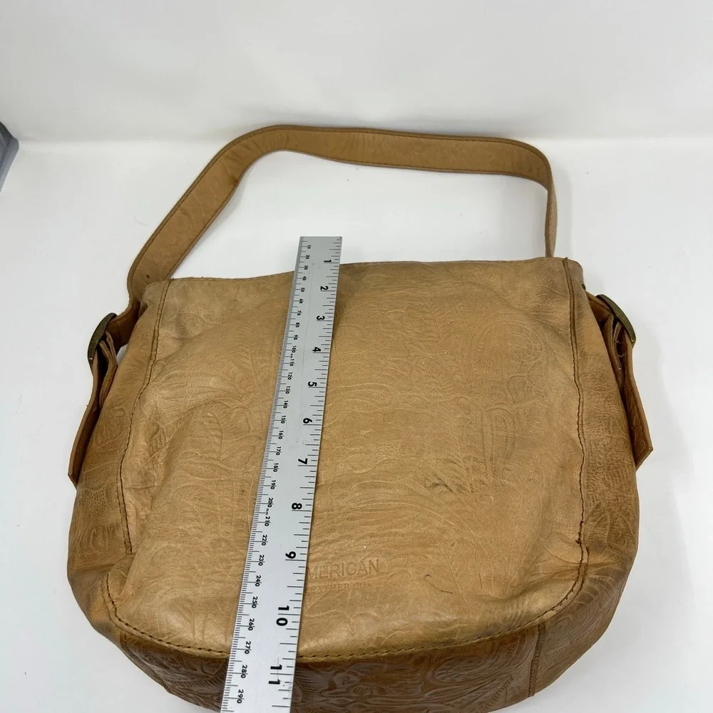 American Leather Co Embossed Leather Shoulder Bag Tan Brown Hobo Tote Purse